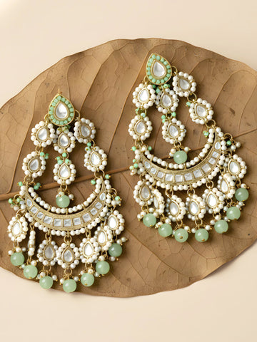 Karatcart Gold Plated Long Kundan Light Green Beads Dangler Earrings for Women