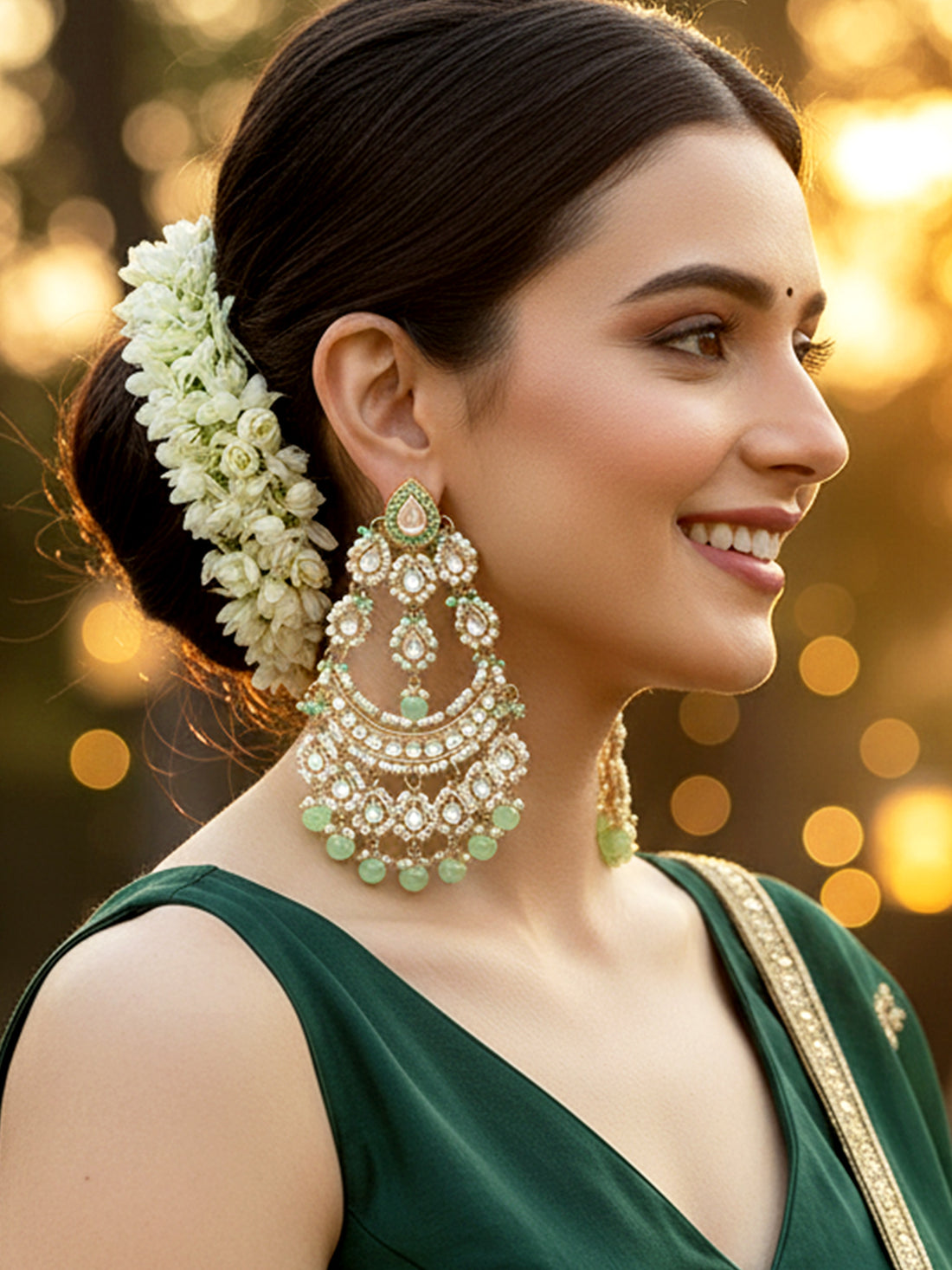 Karatcart Gold Plated Long Kundan Light Green Beads Dangler Earrings for Women