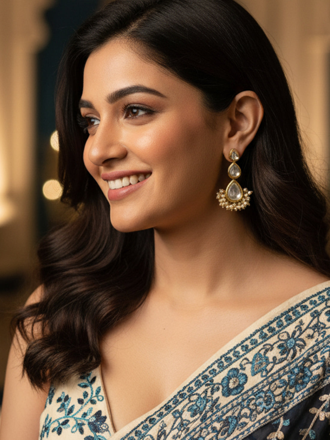 Karatcart Gold Plated Drop Shape Polki Kundan Earrings for Women