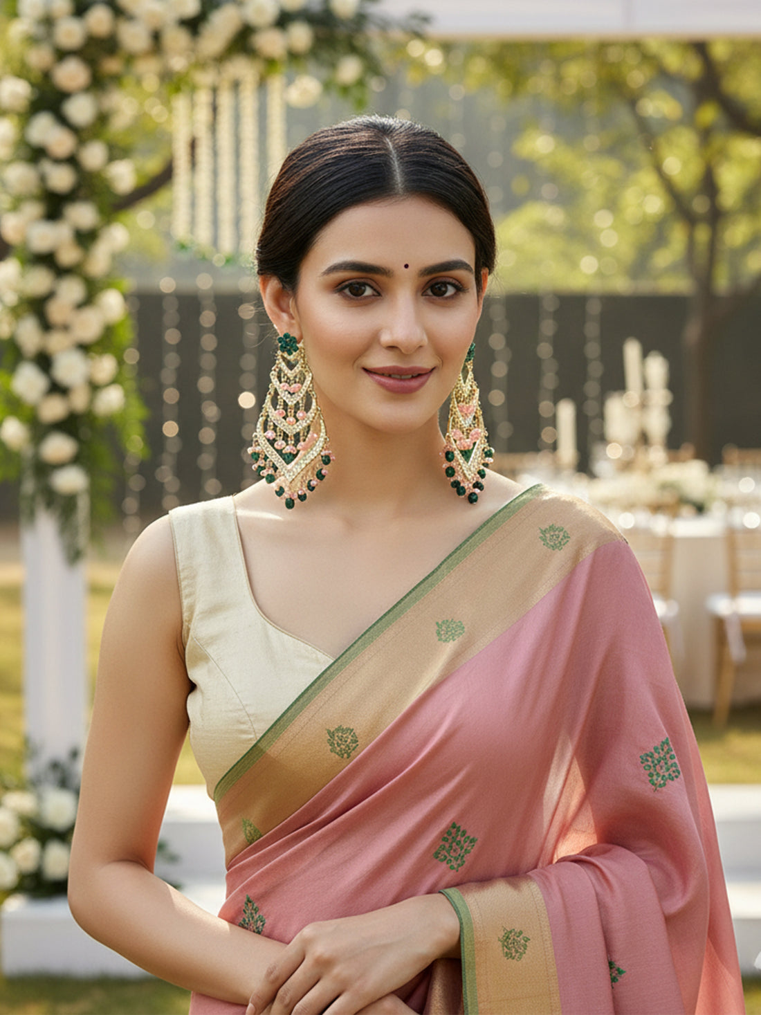 Karatcart Gold Plated Green Tumble Pink Crystal Kundan Drop Earrings for Women