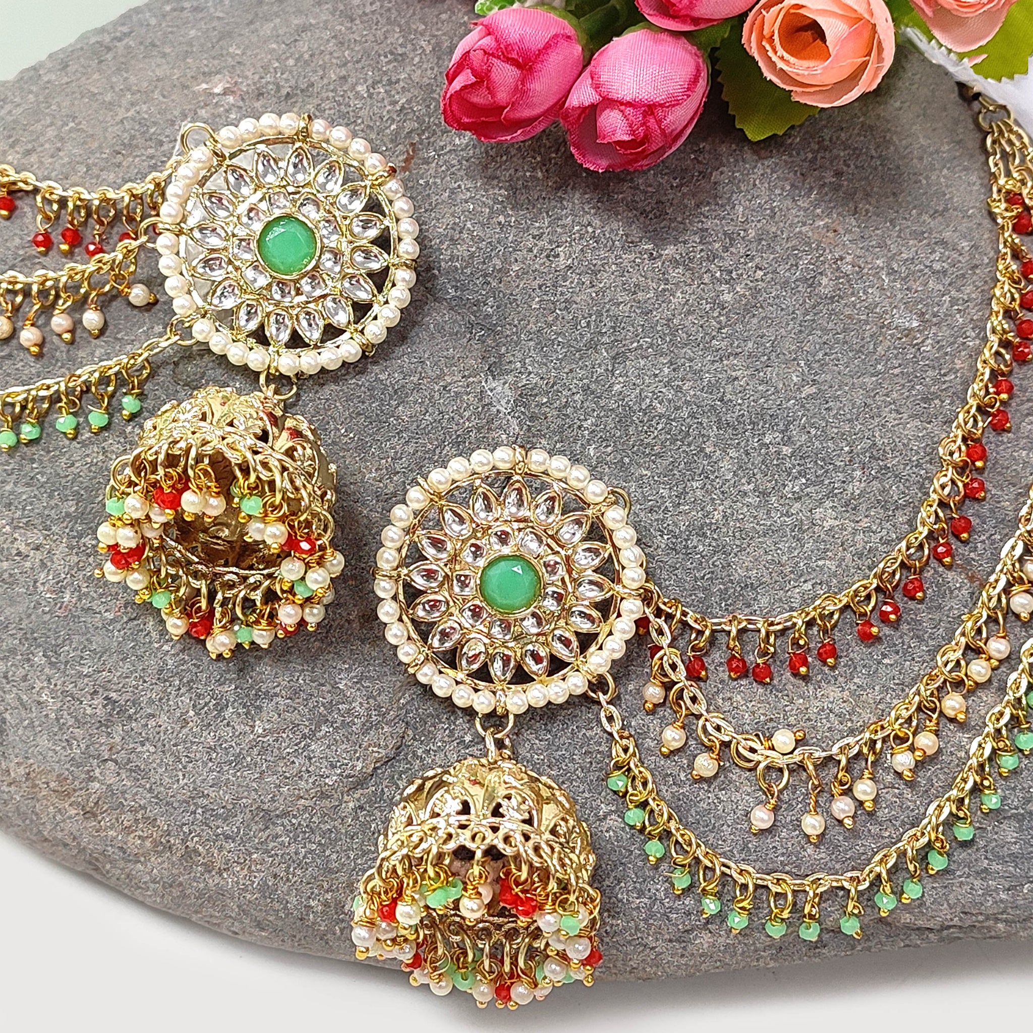 Karatcart Gold Plated Kundan Tiranga Jhumki Kaanchain Earrings for Women