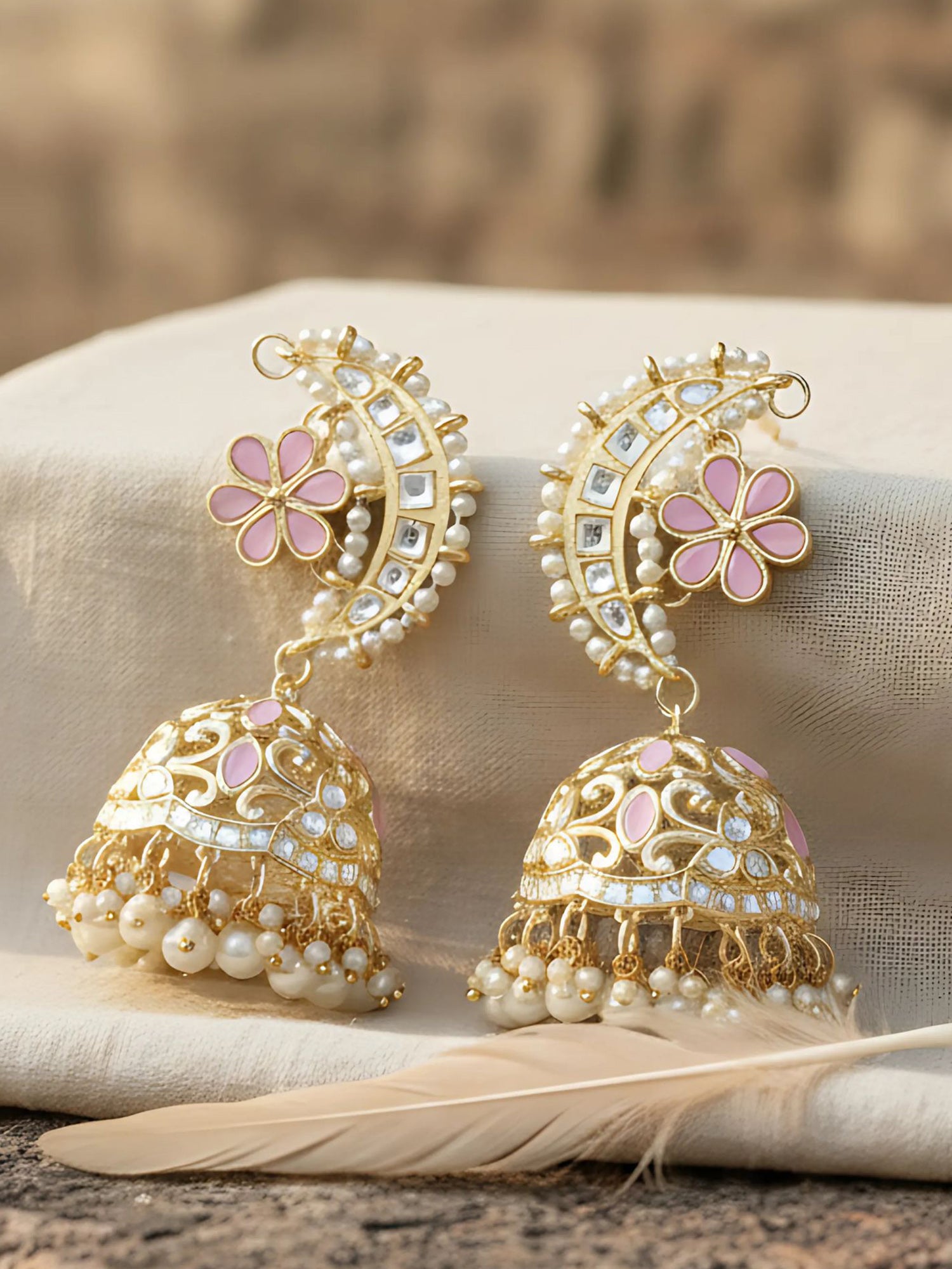Karatcart Gold Plated Pink Floral Kundan Jhumki Kaanchain Earrings for Women