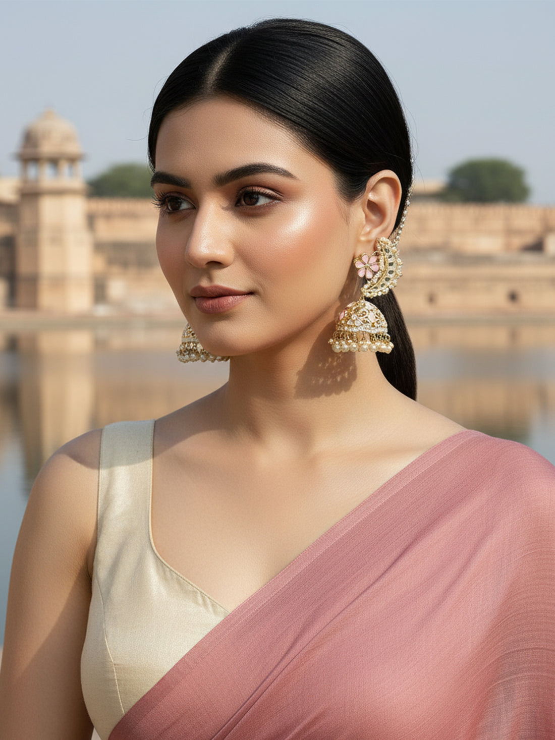 Karatcart Gold Plated Pink Floral Kundan Jhumki Kaanchain Earrings for Women