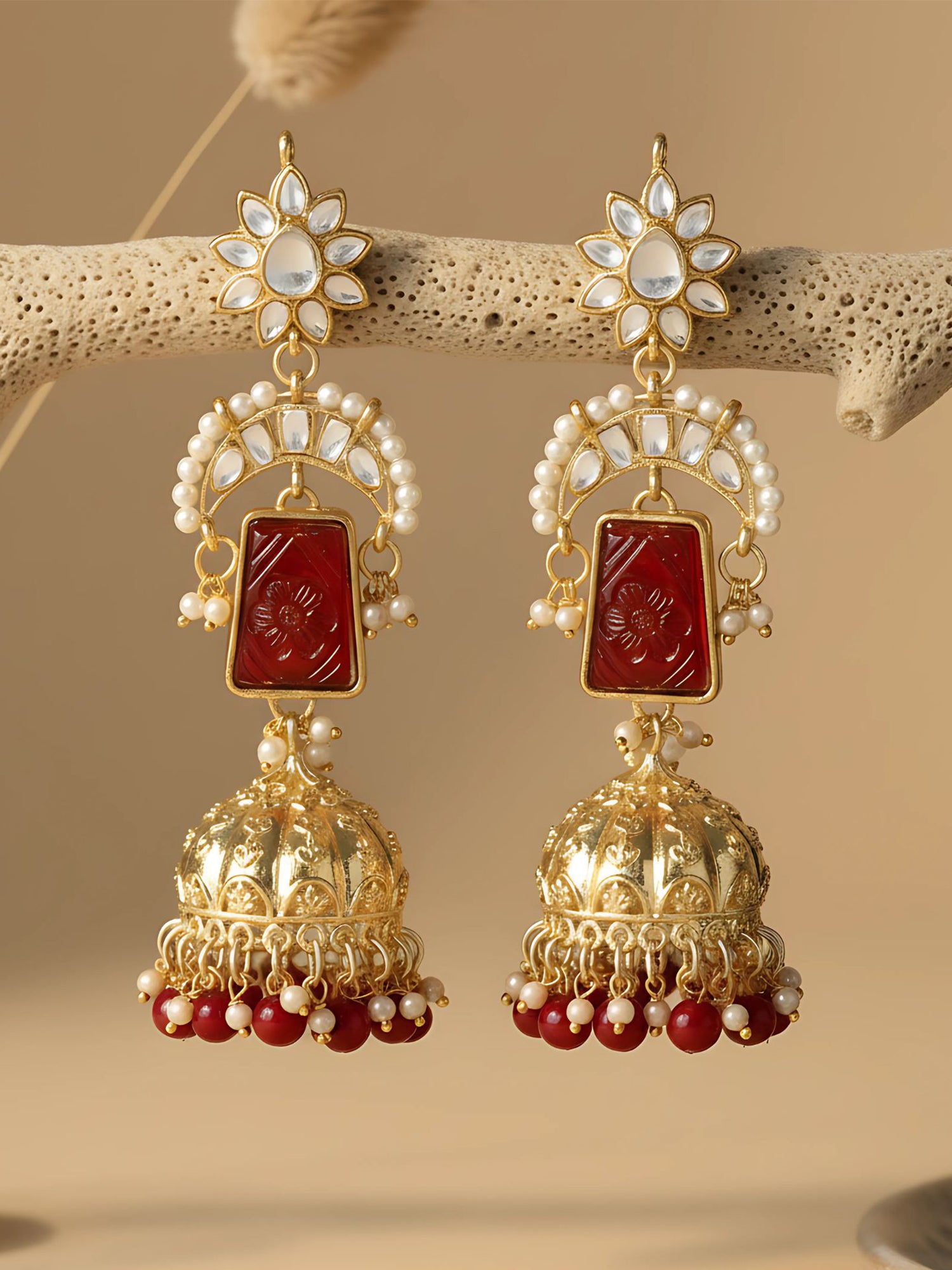 Karatcart Gold Plated Red Carved Stone Kundan Jhumki Drop Earrings for Women