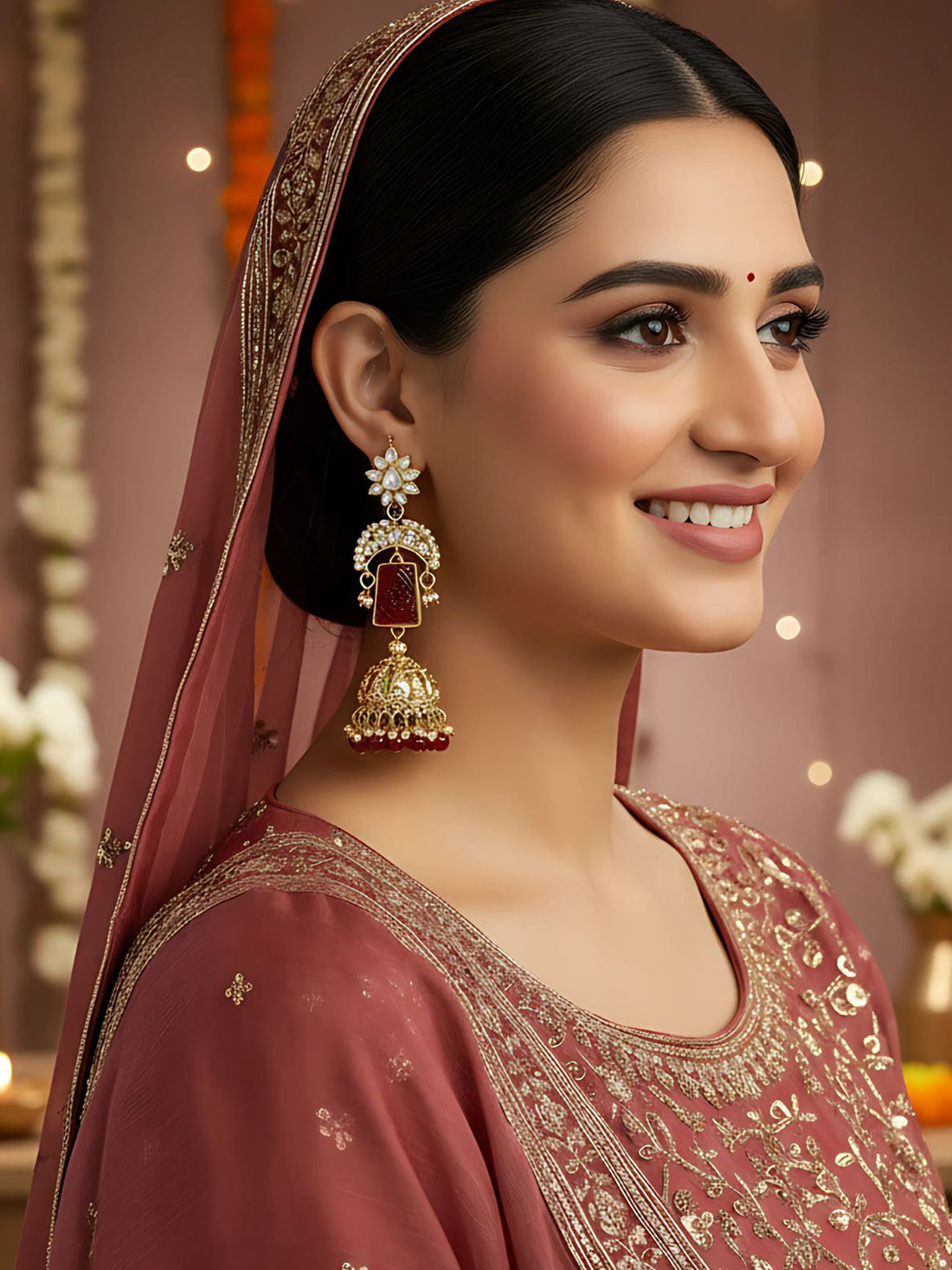Karatcart Gold Plated Red Carved Stone Kundan Jhumki Drop Earrings for Women