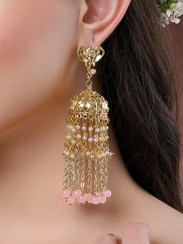 Karatcart Elephant Design Gold Plated Pink Beads Kundan Tassel Chain Jhumki Earrings for Women