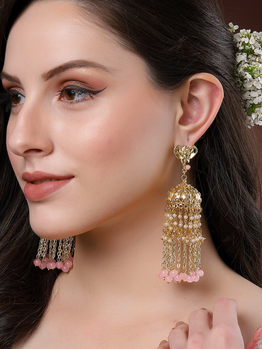 Karatcart Elephant Design Gold Plated Pink Beads Kundan Tassel Chain Jhumki Earrings for Women