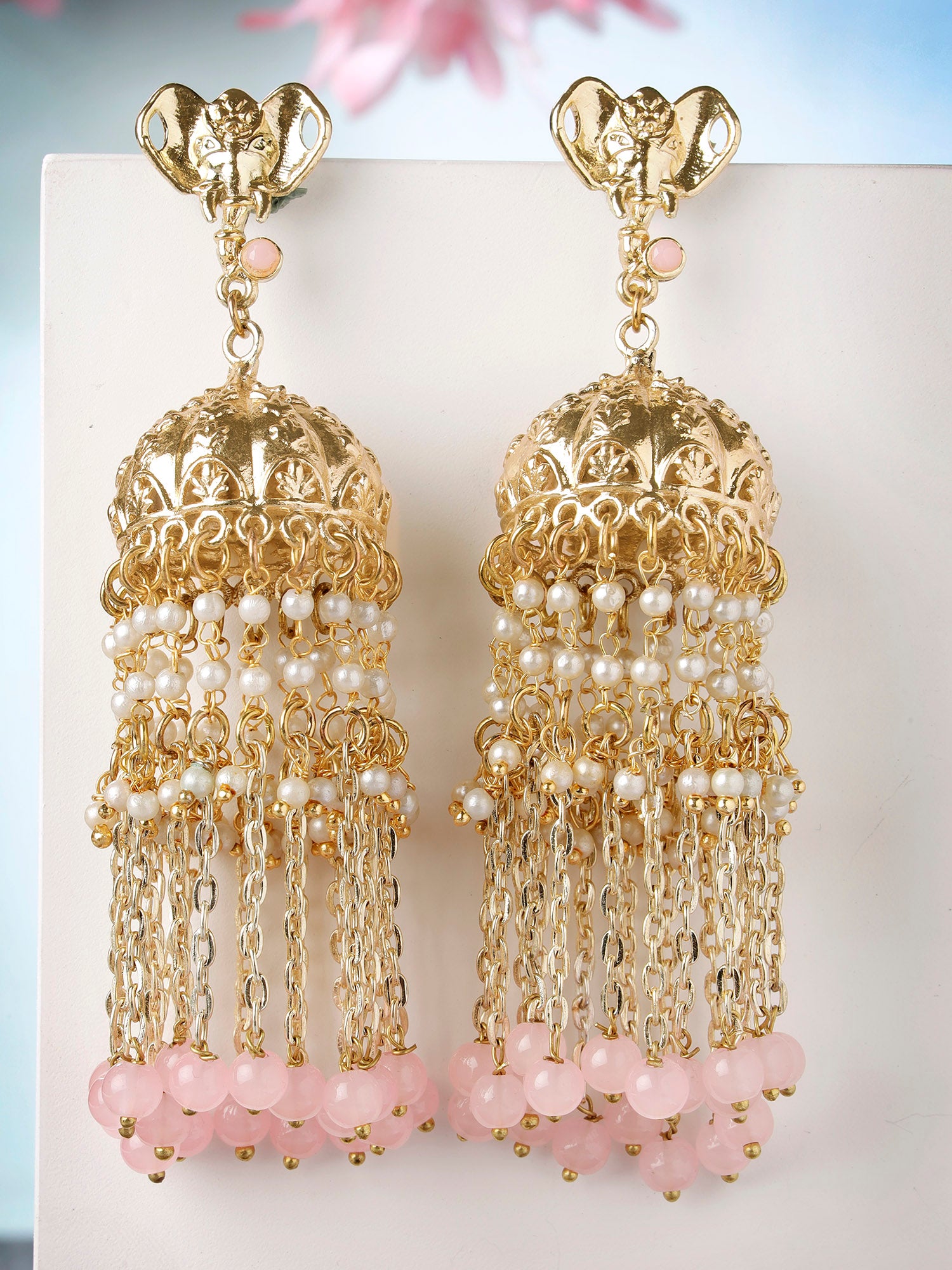 Karatcart Elephant Design Gold Plated Pink Beads Kundan Tassel Chain Jhumki Earrings for Women