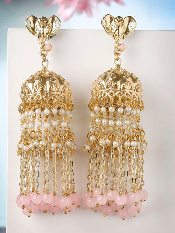 Karatcart Elephant Design Gold Plated Pink Beads Kundan Tassel Chain Jhumki Earrings for Women