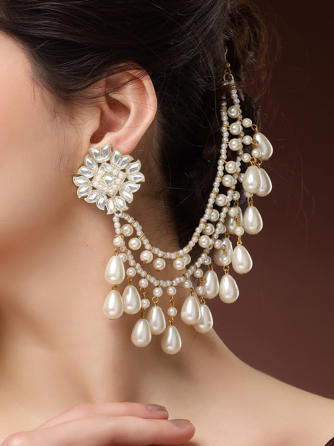 Karatcart Traditional Gold-Plated Kundan and Drop Pearl Kaanchain Earrings for Women