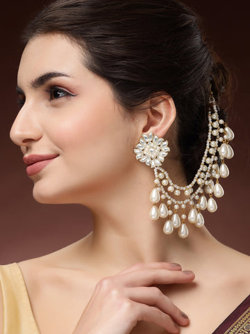 Karatcart Traditional Gold-Plated Kundan and Drop Pearl Kaanchain Earrings for Women