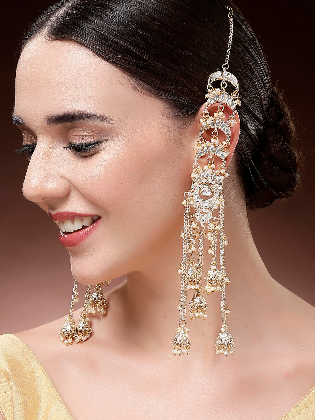 Karatcart Traditional Gold-Plated Kundan Kaanchain Earrings with Hanging Jhumki for Women