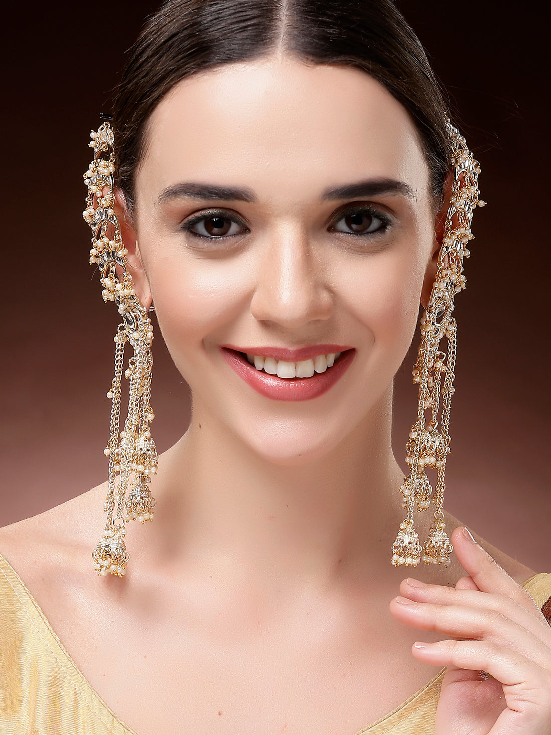 Karatcart Traditional Gold-Plated Kundan Kanauti Kaanchain Earrings with Hanging Jhumki for Women