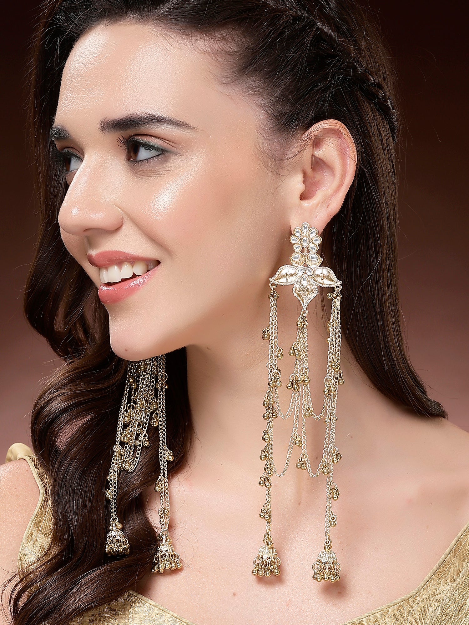 Karatcart Ethnic Gold-Plated Long Chain Golden Tassels Dangler Earrings for Women - view 2