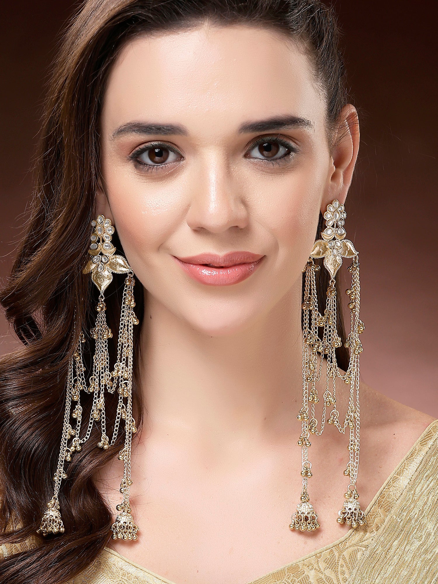 Karatcart Ethnic Gold-Plated Long Chain Golden Tassels Dangler Earrings for Women