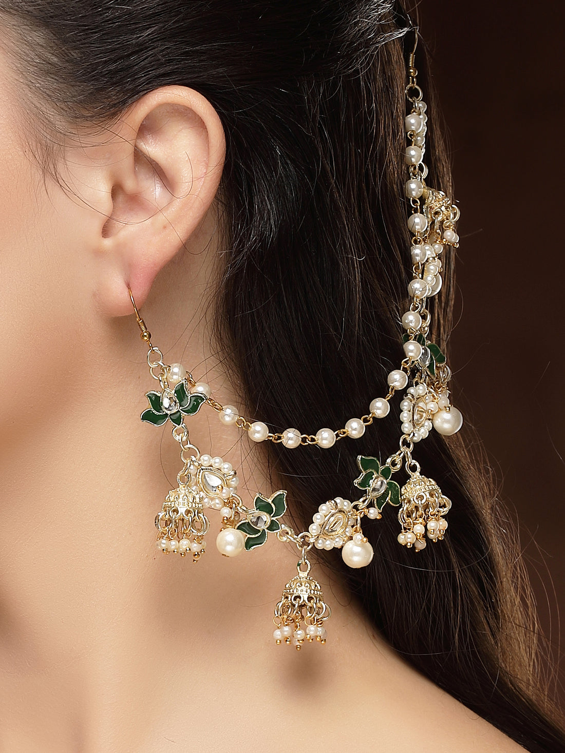 KARATCART Traditional Gold-Plated Green Meena Floral Kundan and Jhumki Kaanchain Earrings for Women