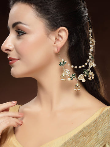 KARATCART Traditional Gold-Plated Green Meena Floral Kundan and Jhumki Kaanchain Earrings for Women