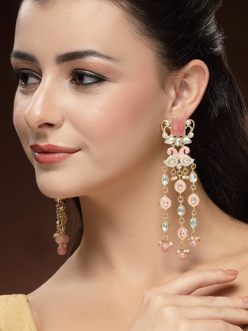 KARATCART Designer Gold-Plated Pink Enamel and Carved Stone Studded Kundan Drop Earrings for Women