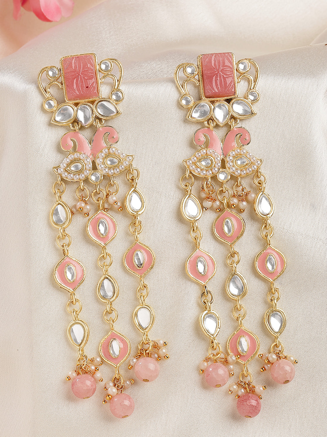 KARATCART Designer Gold-Plated Pink Enamel and Carved Stone Studded Kundan Drop Earrings for Women