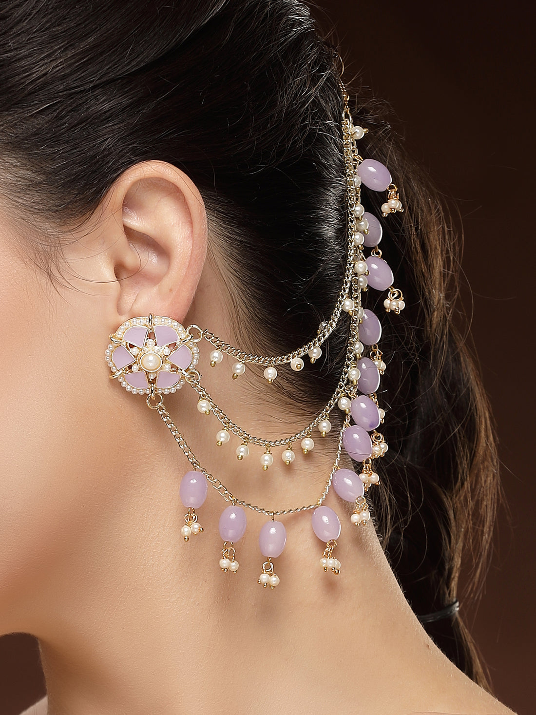 KARATCART Designer Gold-Plated Purple Enamel and Tumble Studded Kundan Kaanchain Earrings for Women