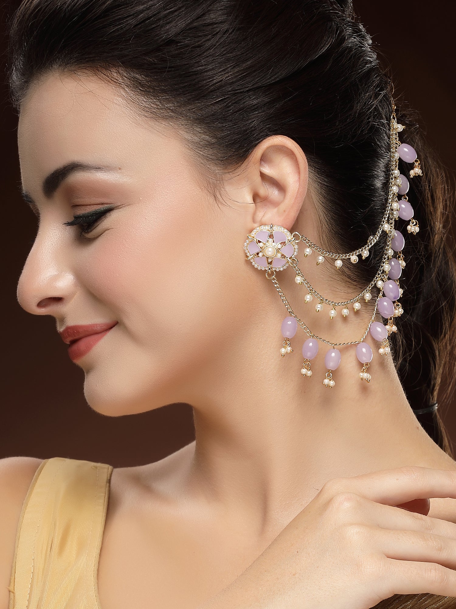 KARATCART Designer Gold-Plated Purple Enamel and Tumble Studded Kundan Kaanchain Earrings for Women