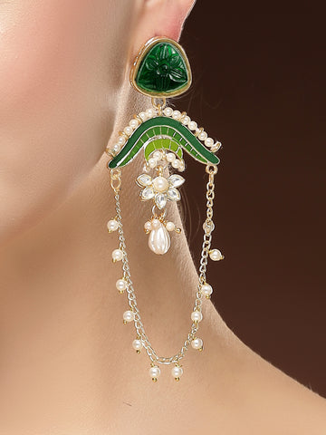 KARATCART Designer Gold-Plated Green Enamel and Carved Stone Studded Kundan Drop Earrings for Women