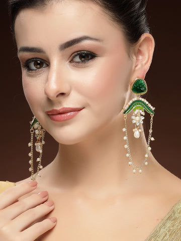 KARATCART Designer Gold-Plated Green Enamel and Carved Stone Studded Kundan Drop Earrings for Women