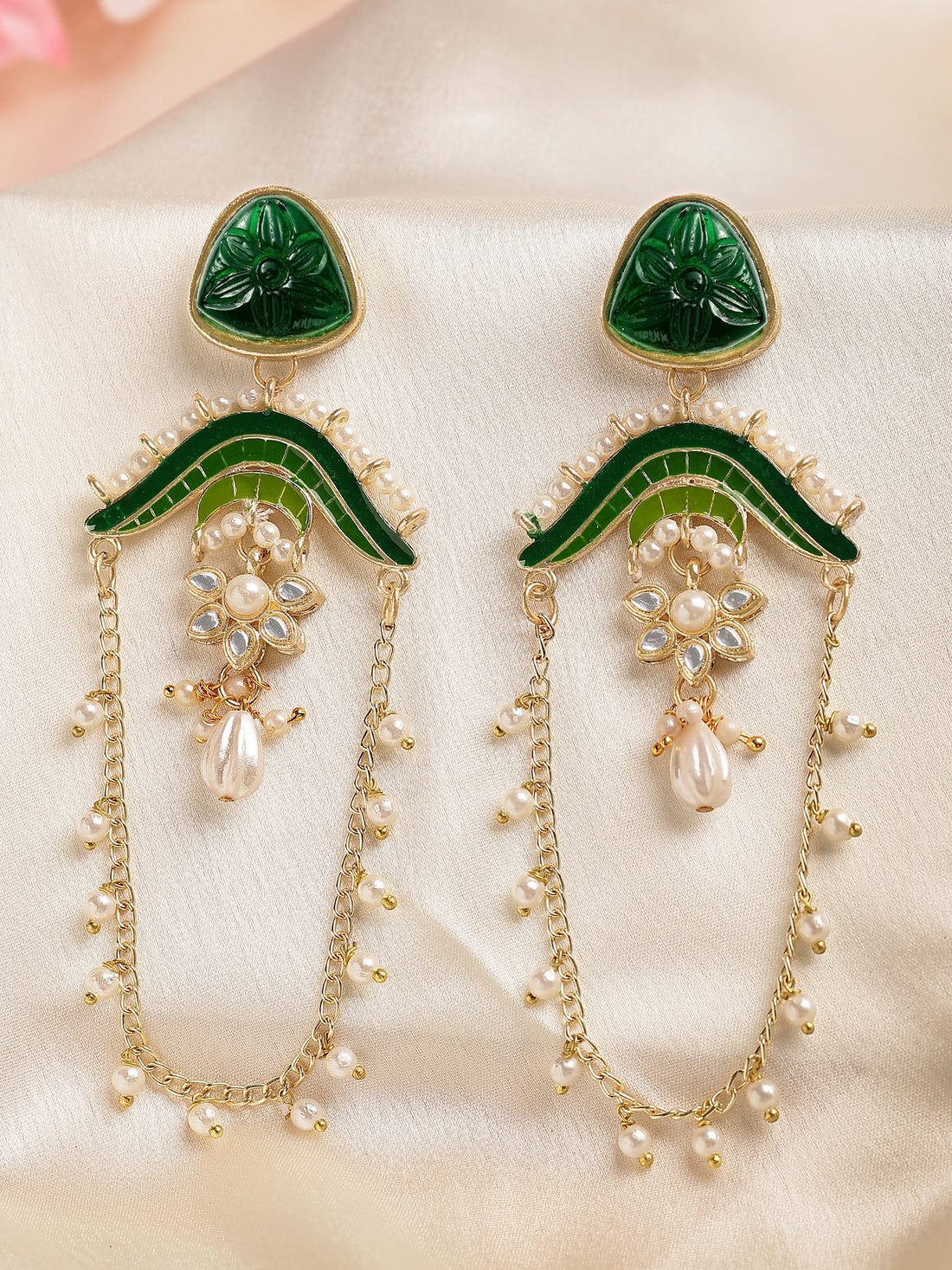 KARATCART Designer Gold-Plated Green Enamel and Carved Stone Studded Kundan Drop Earrings for Women