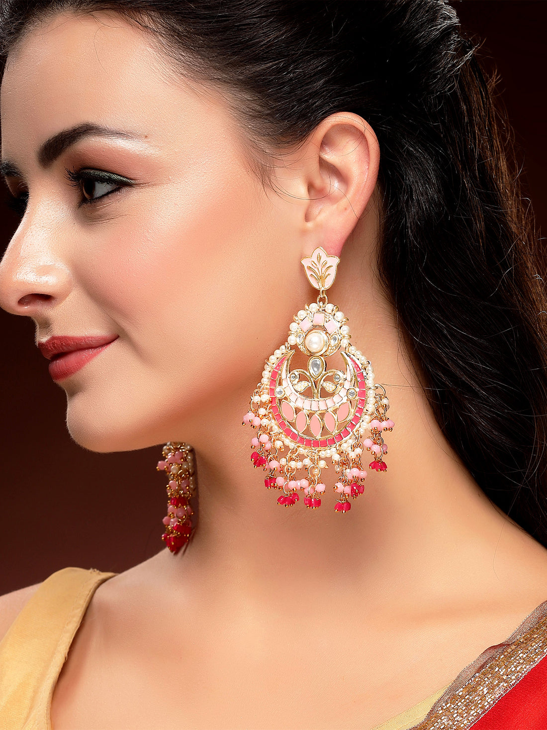 KARATCART Gold-Plated Pink Meena and Crystal Studded Kundan Chandbali Earrings for Women