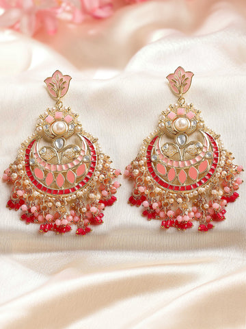 KARATCART Gold-Plated Pink Meena and Crystal Studded Kundan Chandbali Earrings for Women