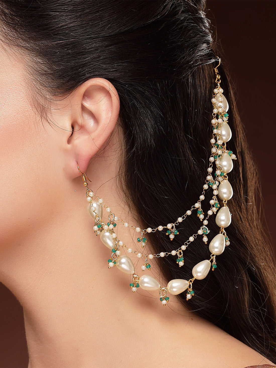 KARATCART Designer Gold-Plated Green Crystal Drop Pearl Kaanchain Earrings for Women