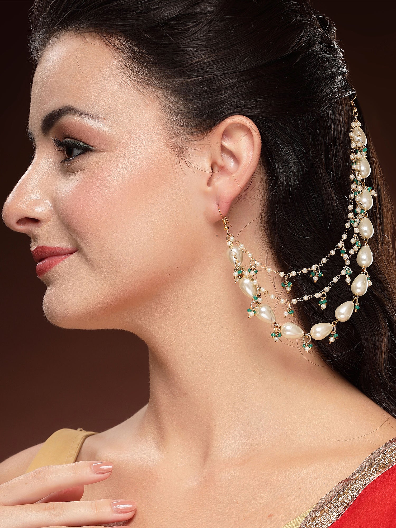 KARATCART Designer Gold-Plated Green Crystal Drop Pearl Kaanchain Earrings for Women