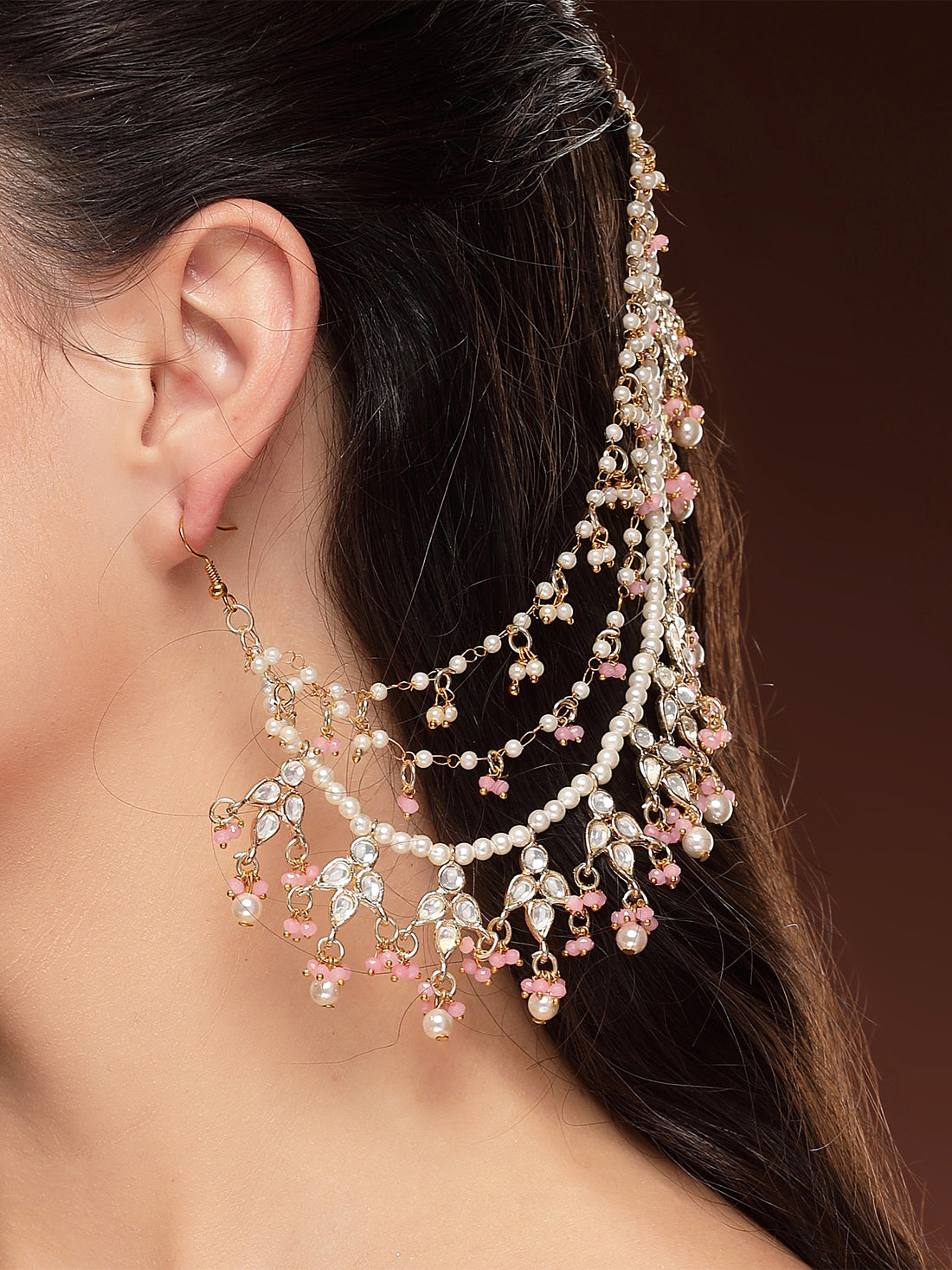 KARATCART Designer Gold-Plated Pink Crystal and Pearl Kundan Kaanchain Earrings for Women