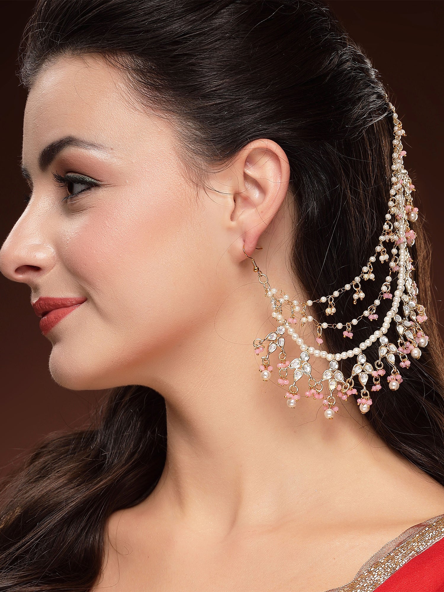 KARATCART Designer Gold-Plated Pink Crystal and Pearl Kundan Kaanchain Earrings for Women