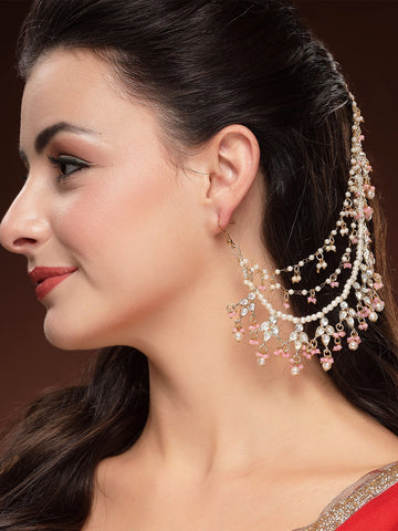 KARATCART Designer Gold-Plated Pink Crystal and Pearl Kundan Kaanchain Earrings for Women
