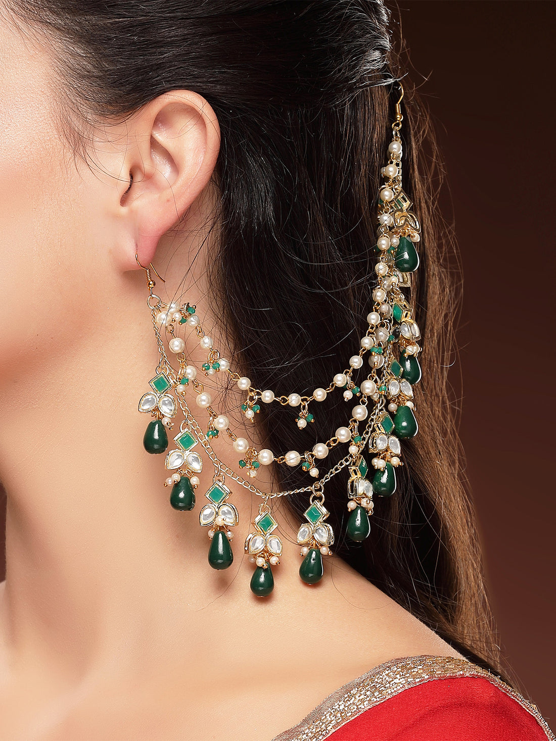 KARATCART Designer Gold-Plated Green Drop and Pearl Kundan Kaanchain Earrings for Women