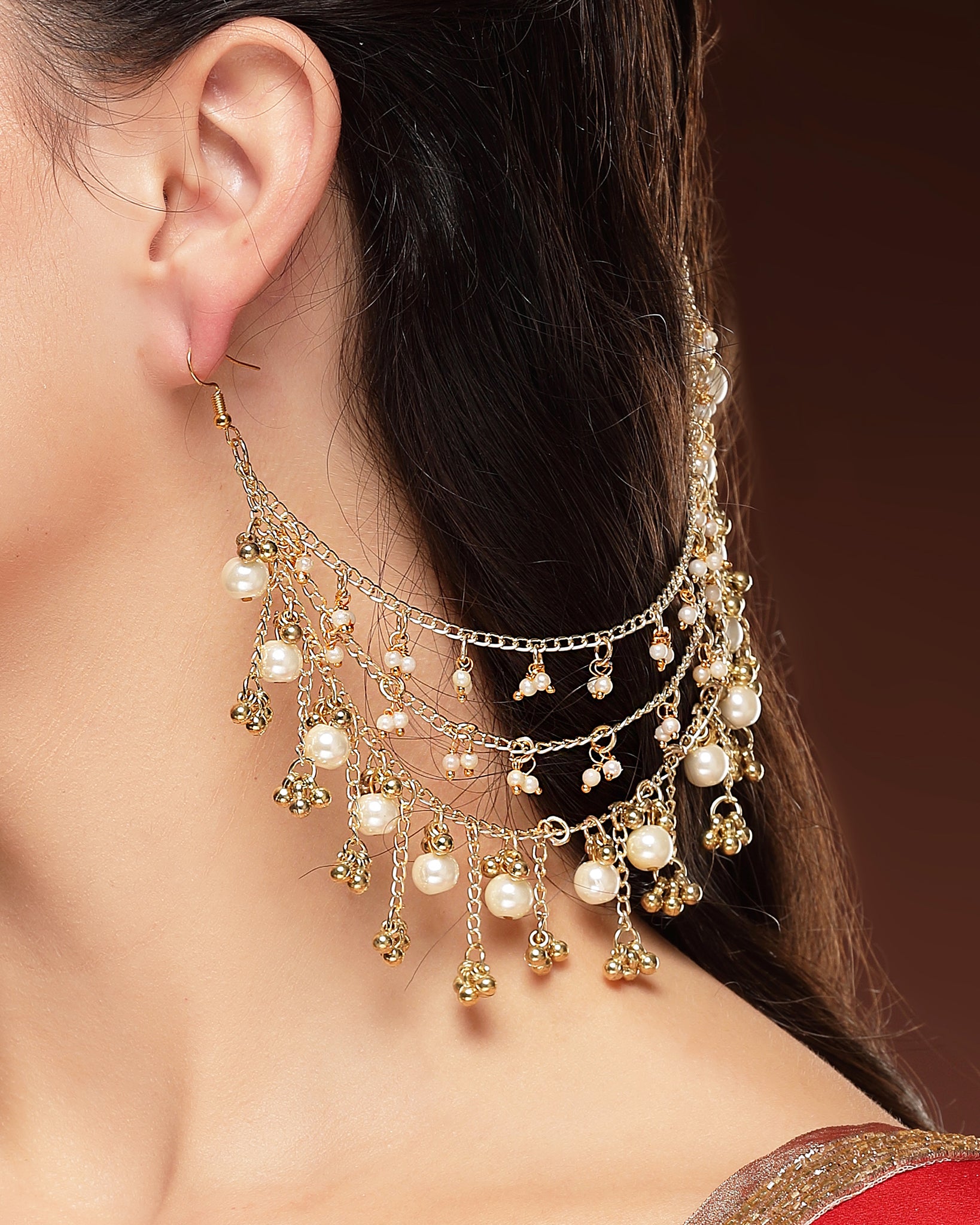 KARATCART Designer Golden Chain and Pearl Kaanchain Earrings for Women