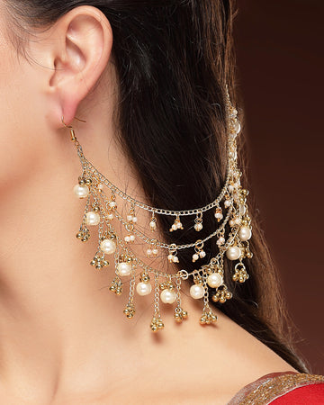 KARATCART Designer Golden Chain and Pearl Kaanchain Earrings for Women