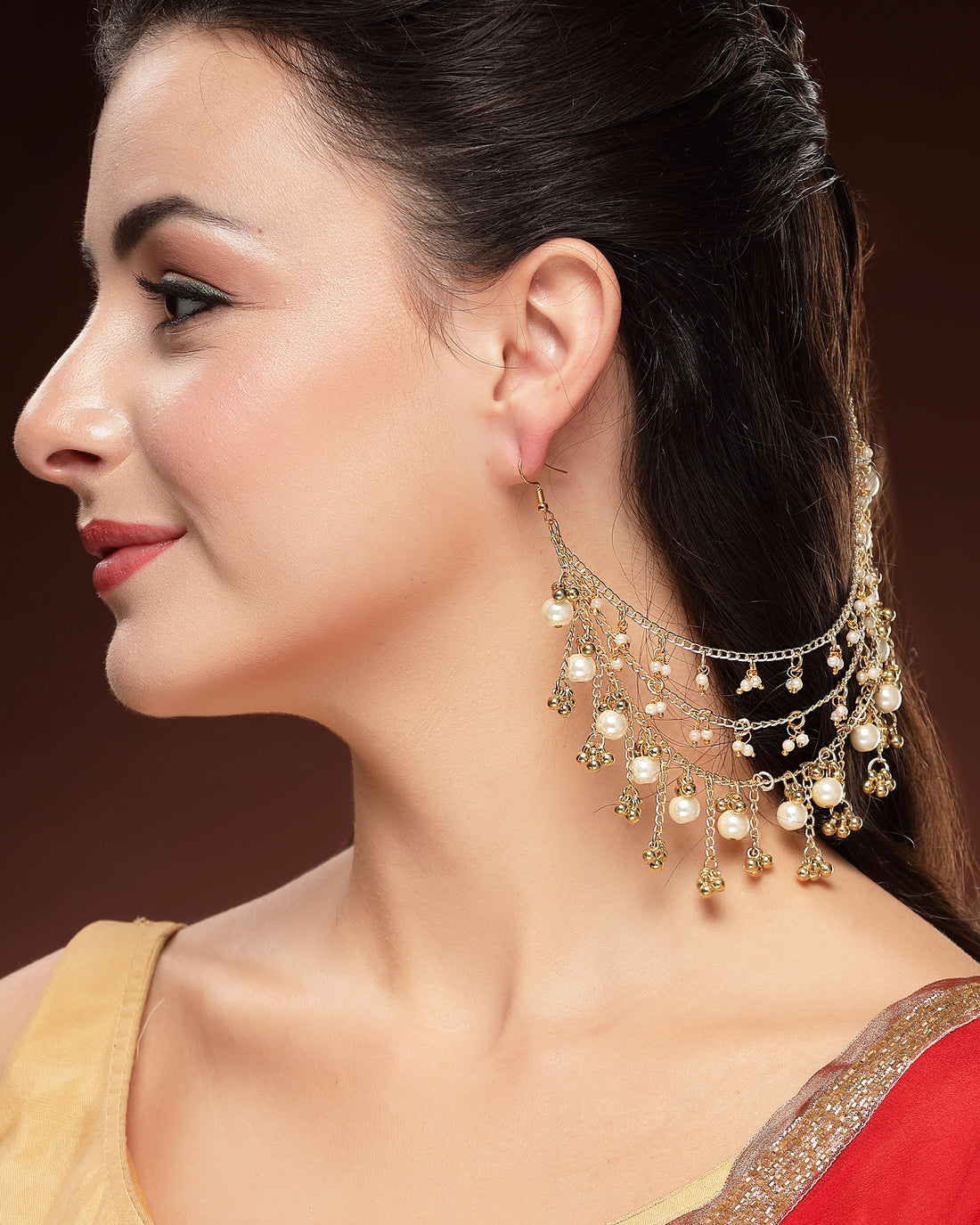 KARATCART Designer Golden Chain and Pearl Kaanchain Earrings for Women