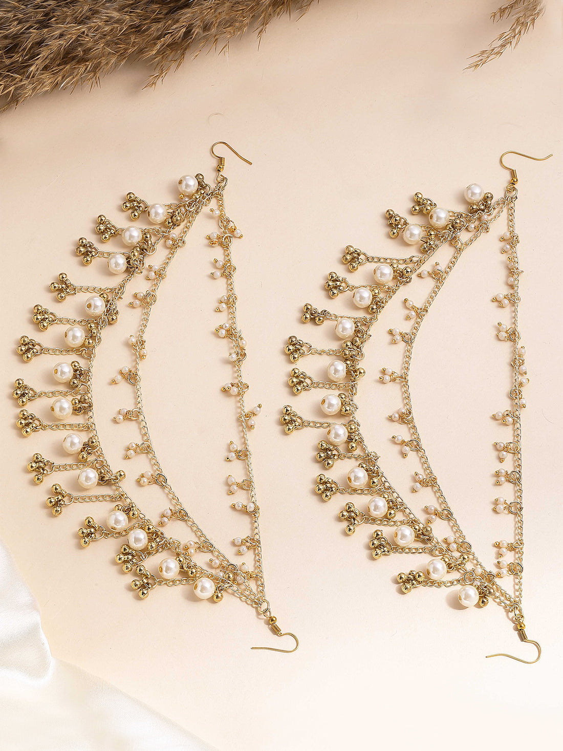 KARATCART Designer Golden Chain and Pearl Kaanchain Earrings for Women