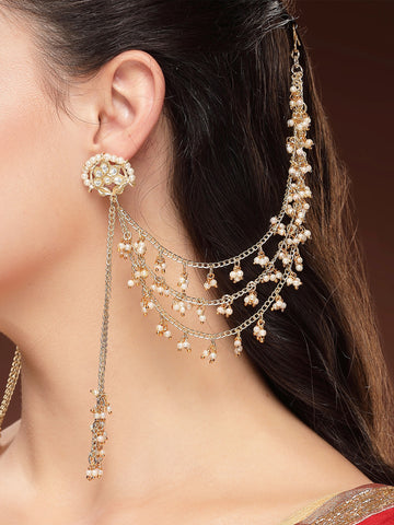 KARATCART Designer Gold-Plated Pearl and Kundan Kaanchain Earrings for Women