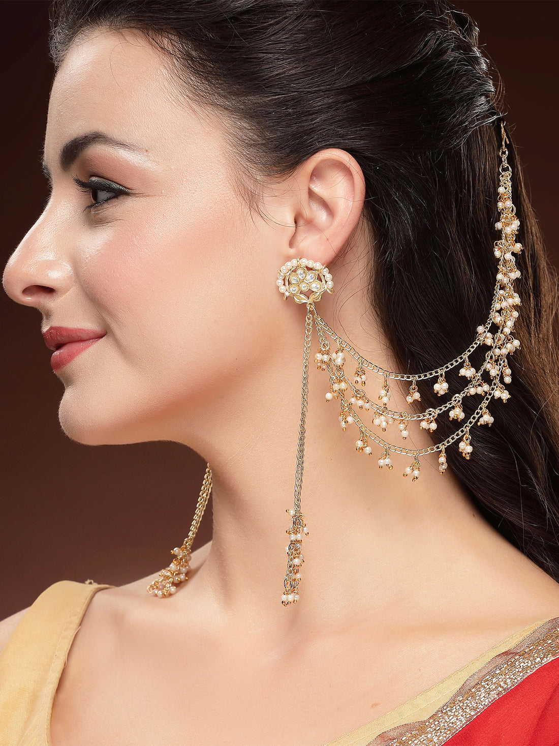 KARATCART Designer Gold-Plated Pearl and Kundan Kaanchain Earrings for Women