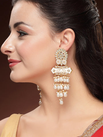 KARATCART Designer Gold-Plated White Meena Drop Pearl Floral Kundan Dangler Earrings for Women