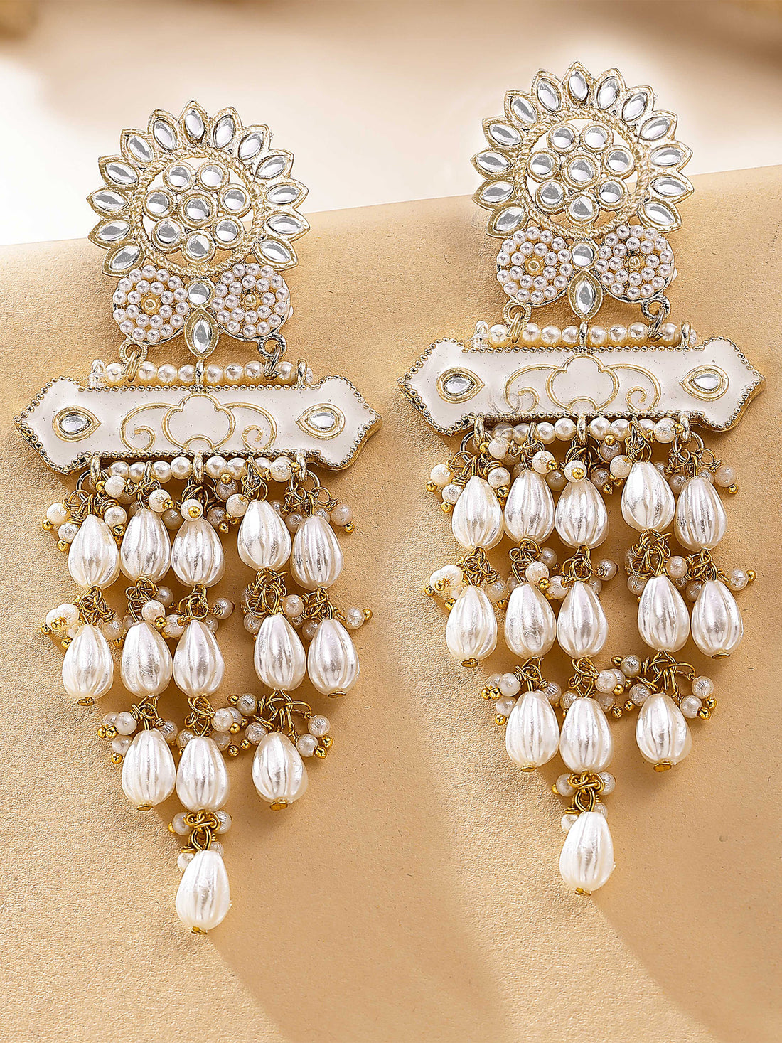 KARATCART Designer Gold-Plated White Meena Drop Pearl Floral Kundan Dangler Earrings for Women