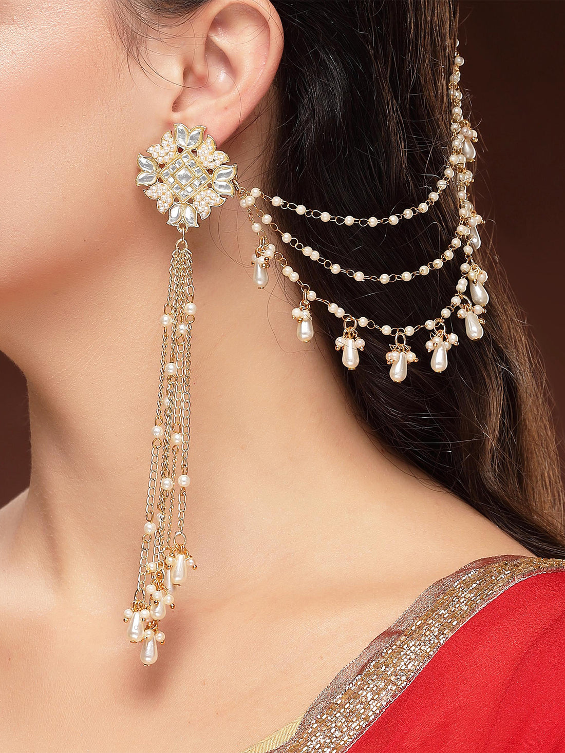 KARATCART Designer Gold-Plated Pearl and Kundan Kaanchain Earrings for Women