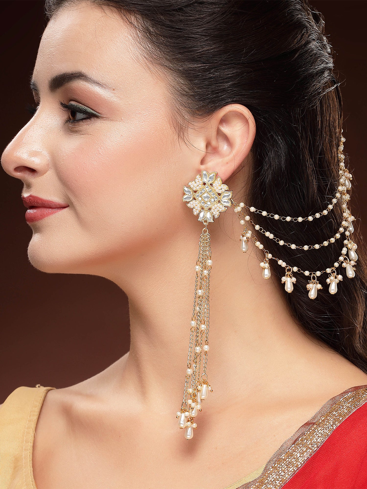 KARATCART Designer Gold-Plated Pearl and Kundan Kaanchain Earrings for Women