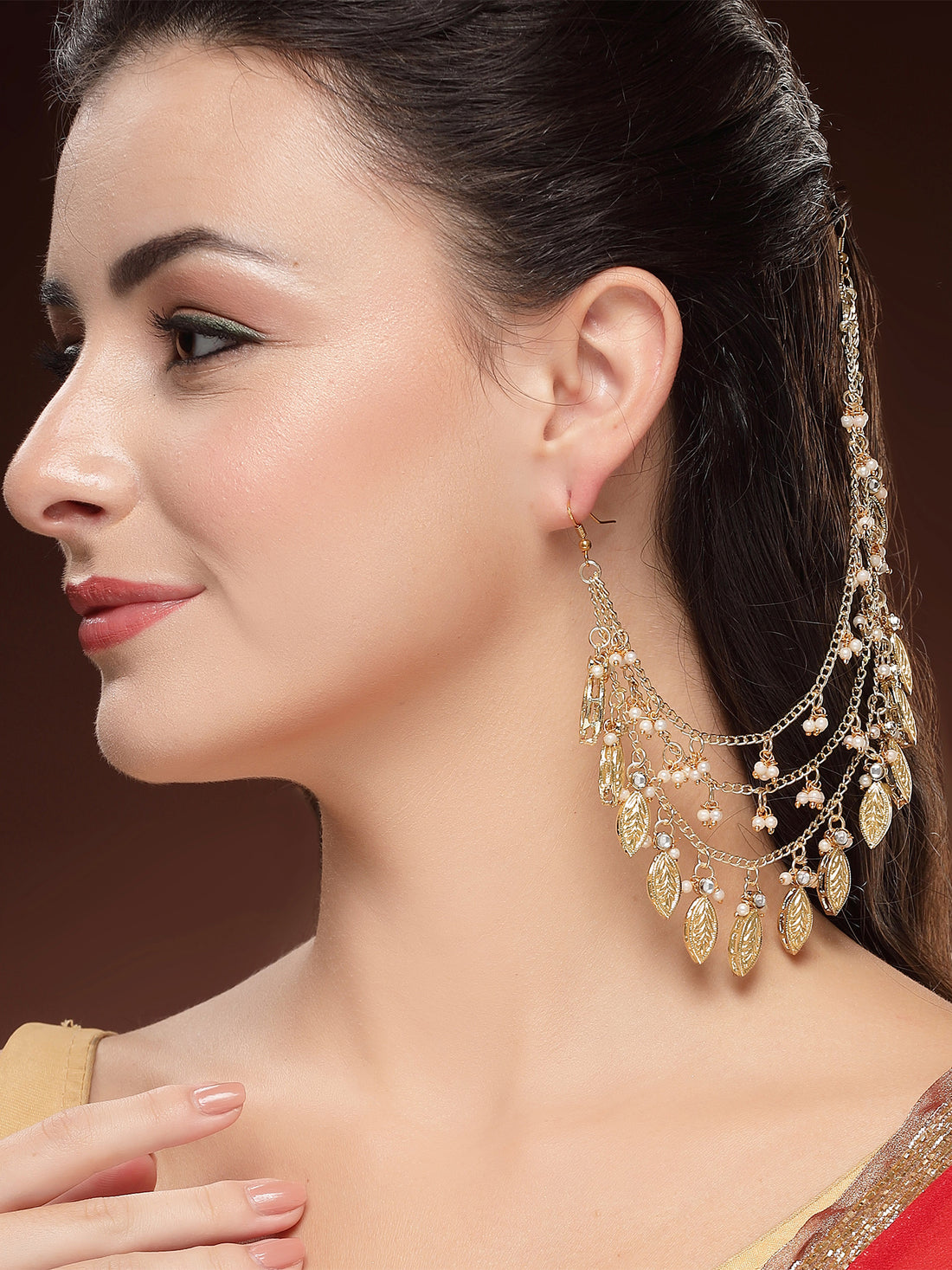 KARATCART Designer Gold-Plated Pearl and Kundan Kaanchain Earrings for Women