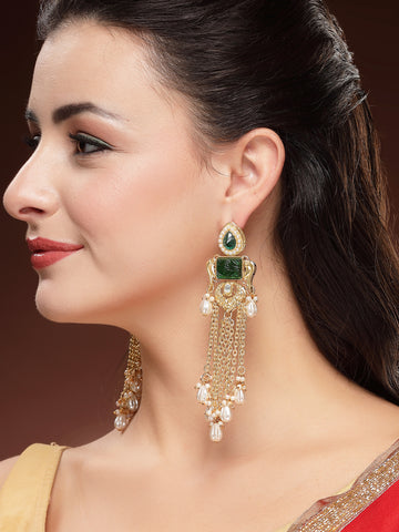 KARATCART Traditional Gold-Plated Green Carved Stone and Pearl Tassel Dangler Earrings for Women