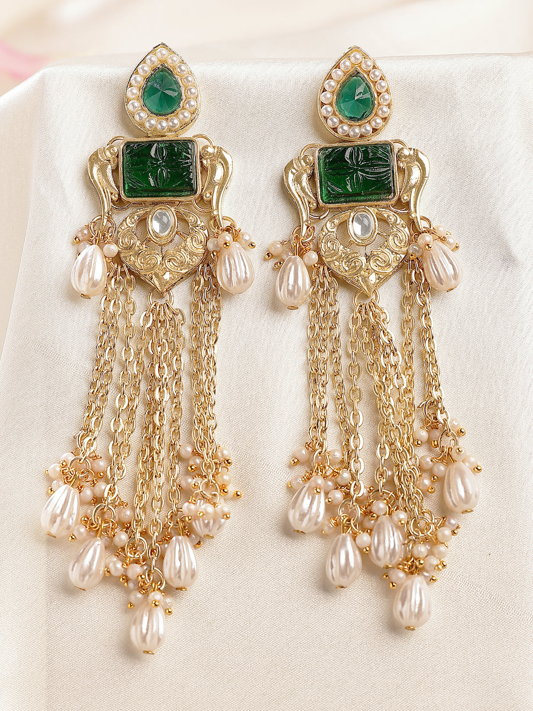 KARATCART Traditional Gold-Plated Green Carved Stone and Pearl Tassel Dangler Earrings for Women