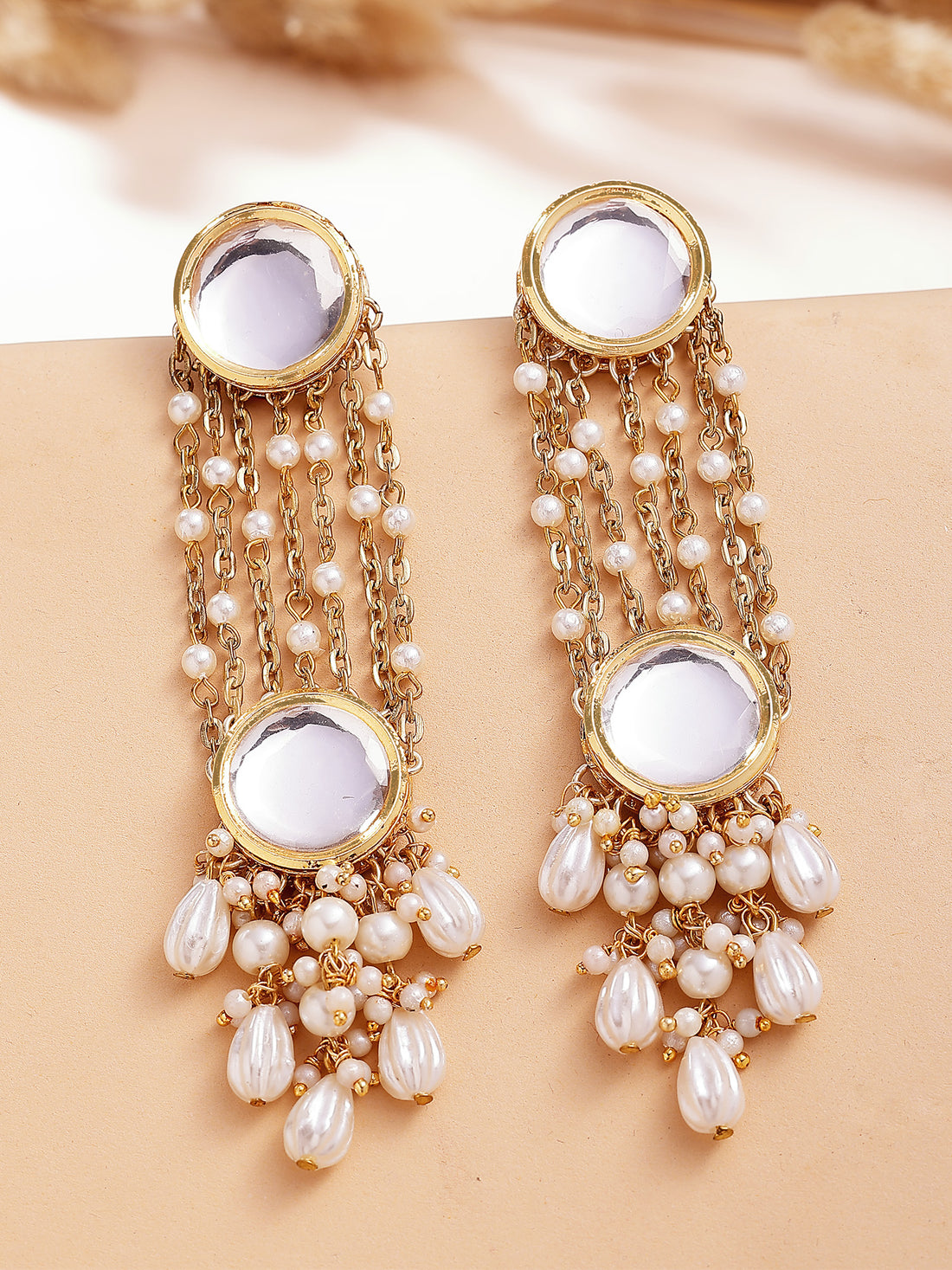 KARATCART Traditional Gold-Plated Polki Kundan and Pearl Dangler Earrings for Women